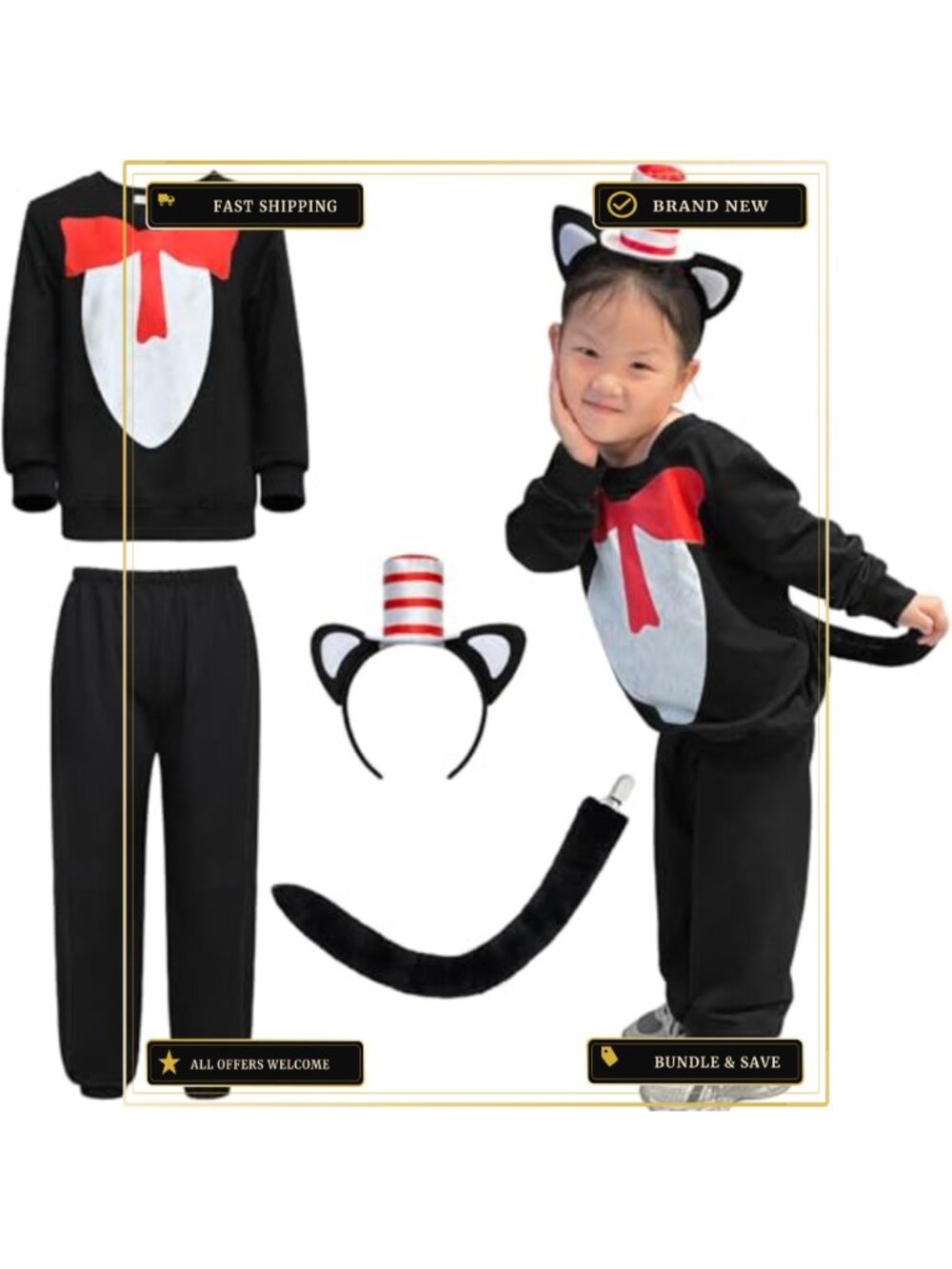 Cat Ears Headband Bow Tie Set Cosplay Halloween Costume Accessory